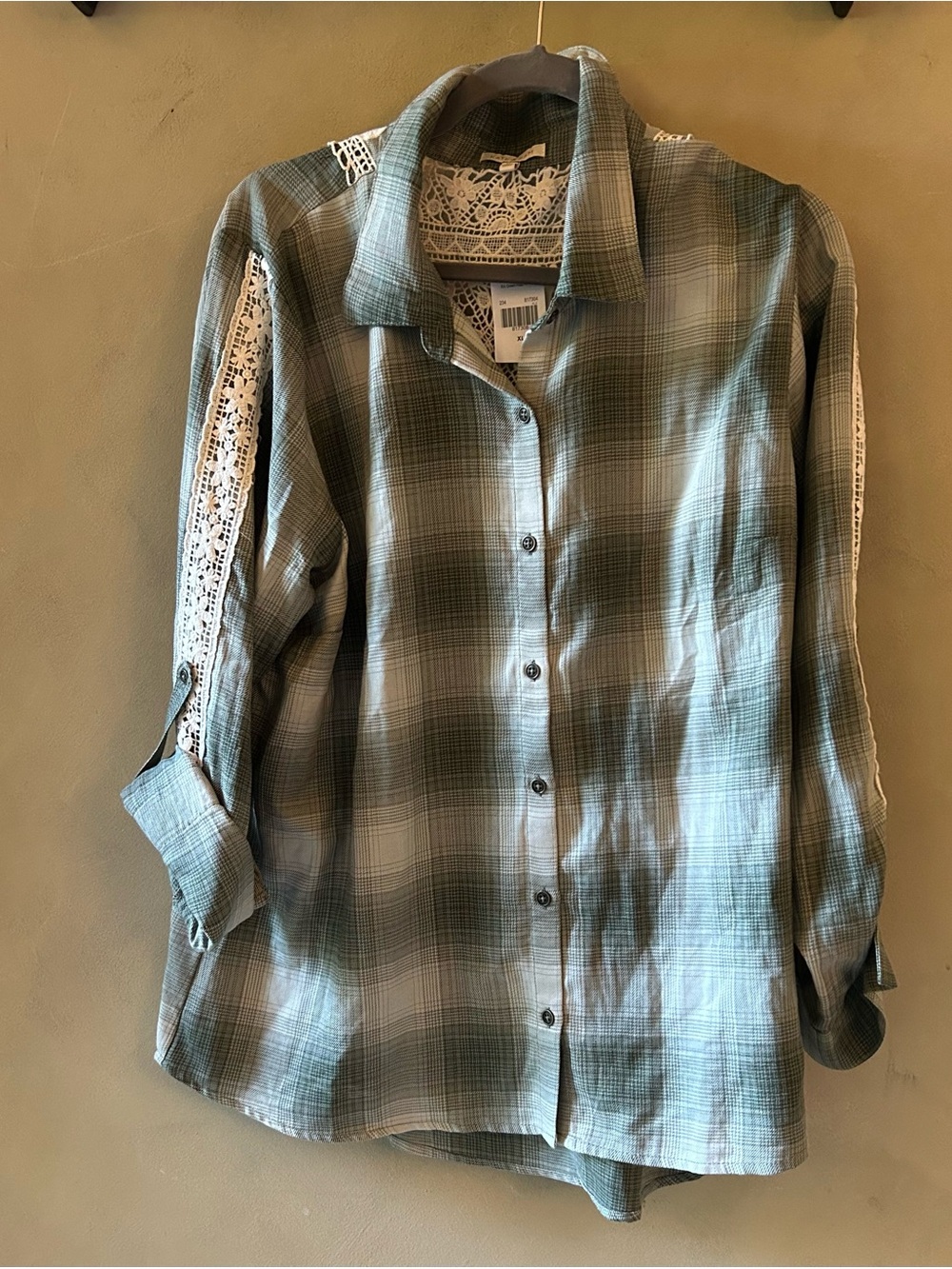 KATE & SAM Blue Plaid Buttoned Shirt with Cream Crochet accents on Sleeves/Back.